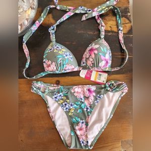 Hula Honey Bikini NEW Small Top Medium Bottom - Olive Green Tropical Flower